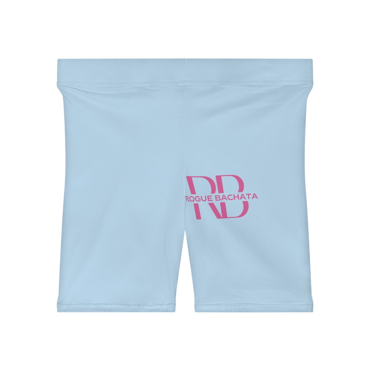 Pastel sky blue Rogue Bachata bike shorts with a pink logo on the thigh