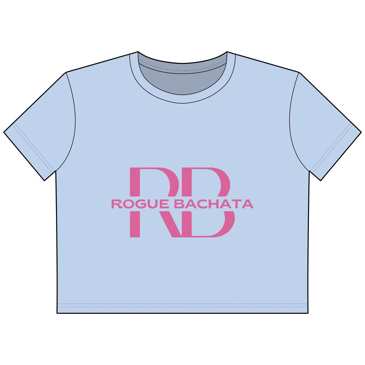 Pastel sky blue Rogue Bachata crop top with a pink logo