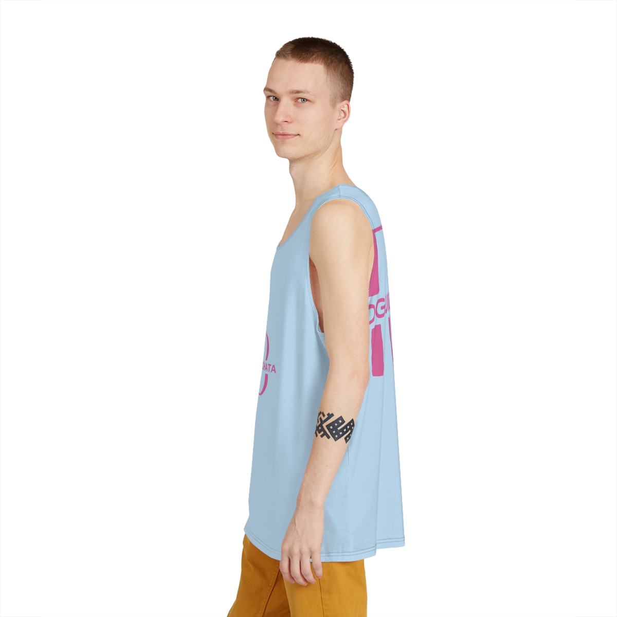 Pastel sky blue Rogue Bachata ribbed tank with a small pink logo on the chest