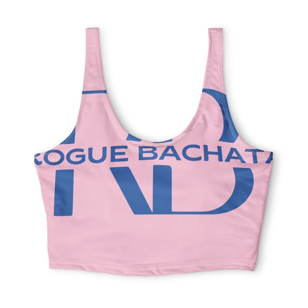 Pastel blush pink Rogue Bachata sports bra with a small pink logo on the chest