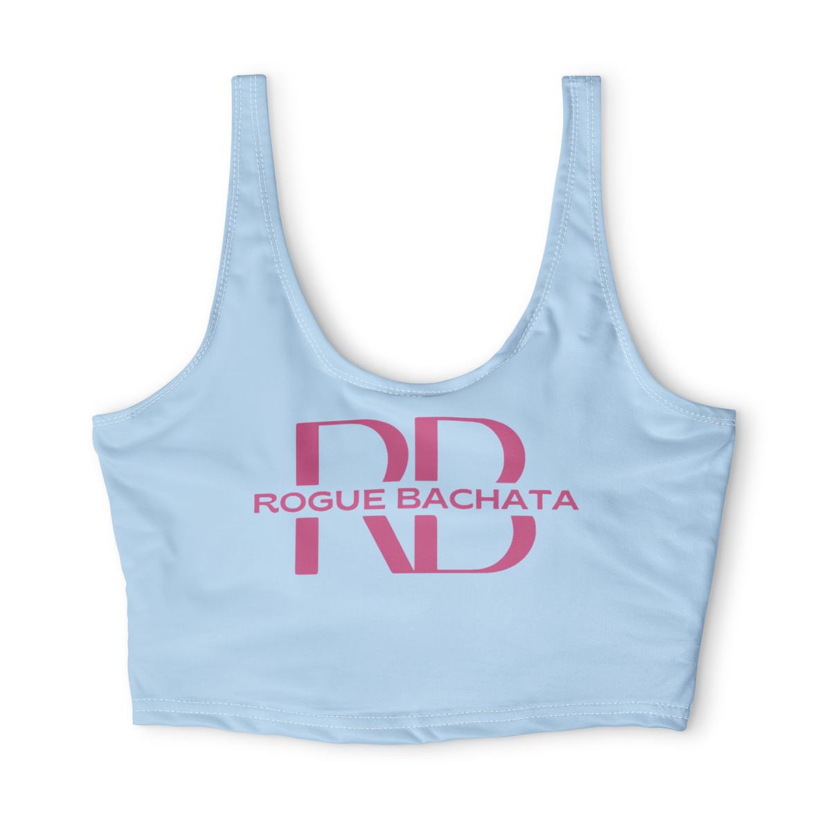 Pastel sky blue Rogue Bachata sports bra with a small pink logo on the chest