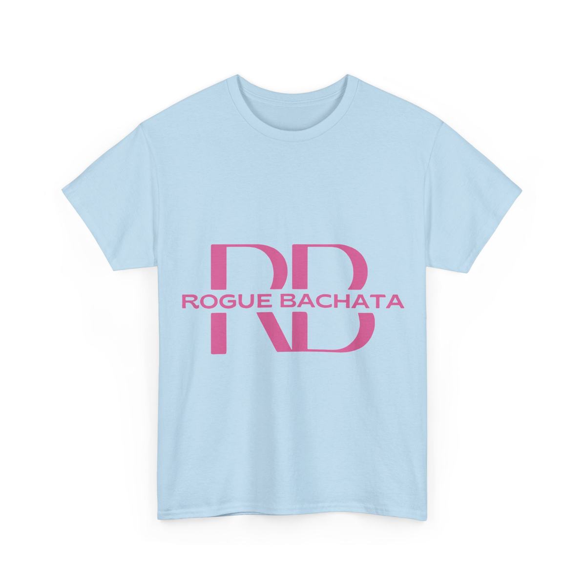 Pastel sky blue Rogue Bachata tee with a small pink logo on the chest